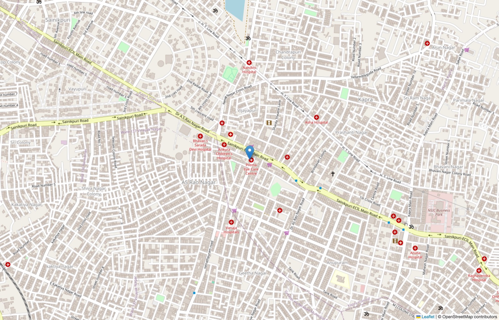 Map showing Prema Eye Care Centre on Dr A.S. Rao Nagar Road